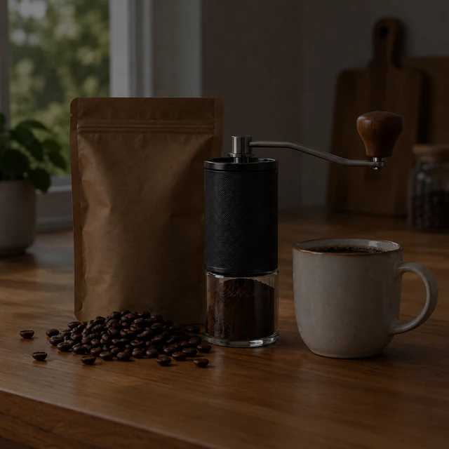 Coffee pouch, hand grinder and ceramic cup in dim light.