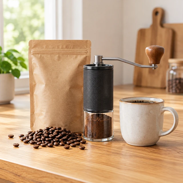 Coffee starter kit with beans, hand grinder and mug arranged clearly.