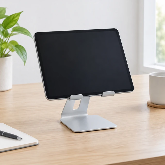 Plain adjustable tablet stand holding a dark-screen tablet on a desk.