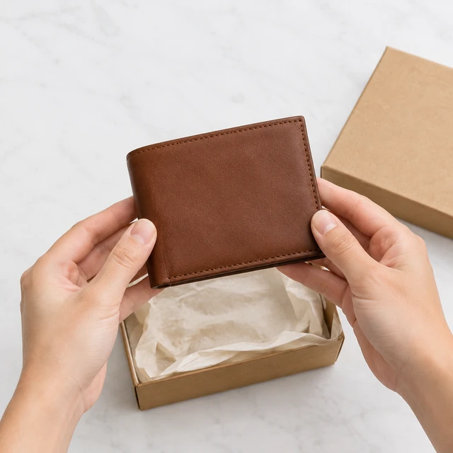 Brown leather wallet presented above an open kraft gift box.