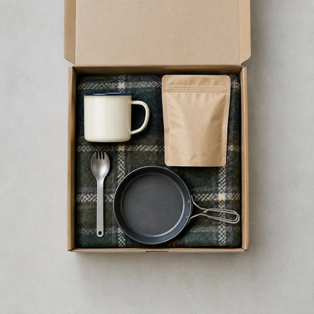 Camping breakfast kit with enamel mug, coffee pouch, spork and small pan revealed in a box.