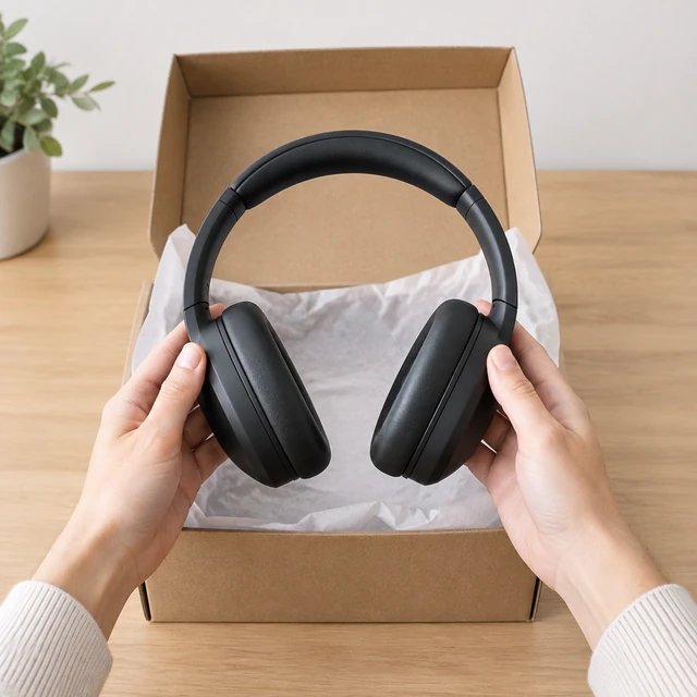 Matte-black over-ear headphones lifted from an open kraft box with pale tissue.