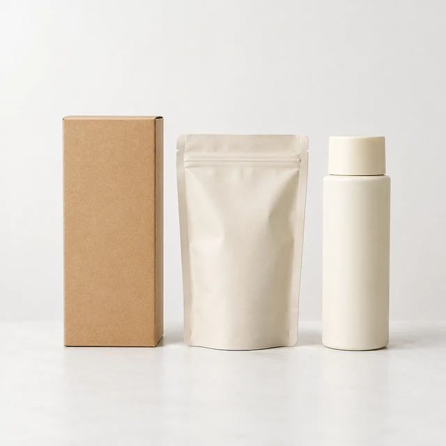 Blank carton, soft pouch and plain bottle arranged in a row.