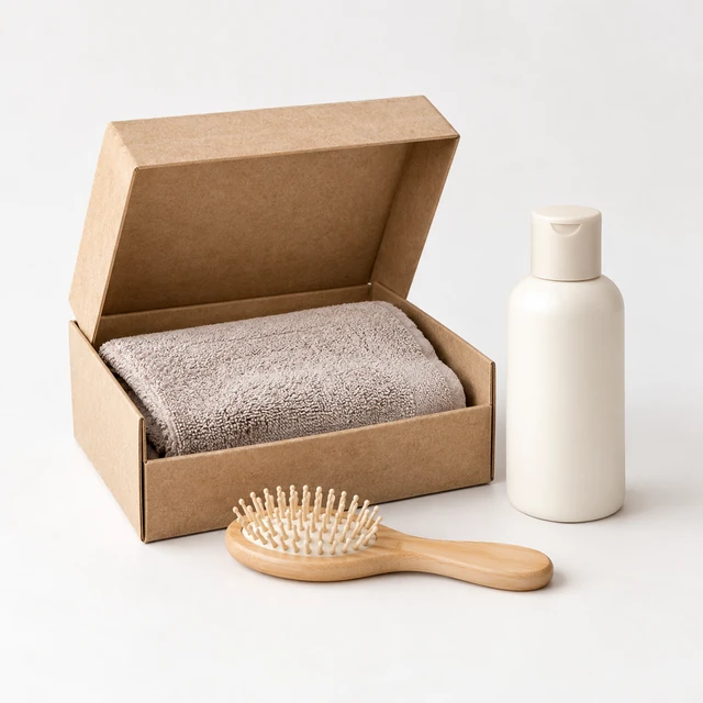 Pet grooming kit with brush, folded towel and plain shampoo bottle revealed.