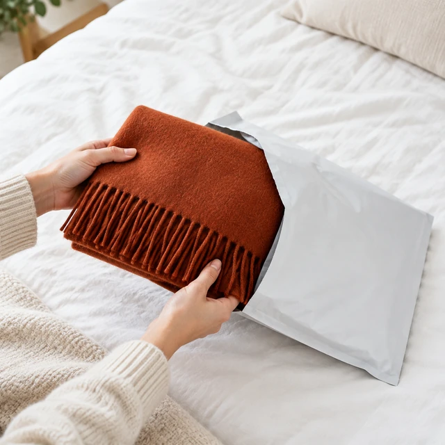 Soft wool scarf lifted from a plain mailer onto a bed.