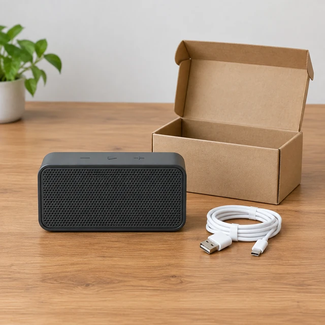 Plain rectangular tabletop speaker beside its open box and coiled cable.