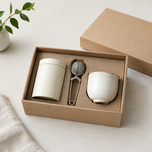 Tea gift set opened with a plain tin, infuser and cup.