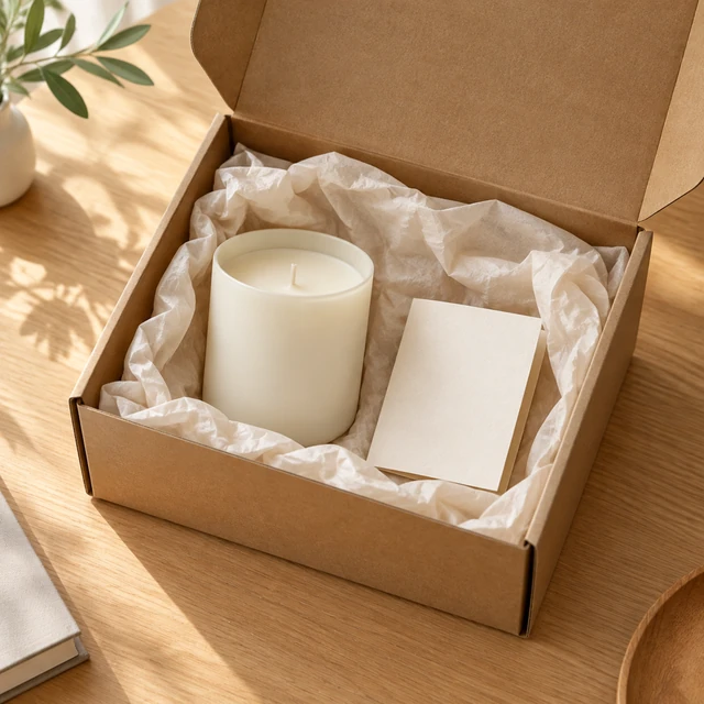 Hands reveal a plain white candle jar from a kraft carton and cream tissue.