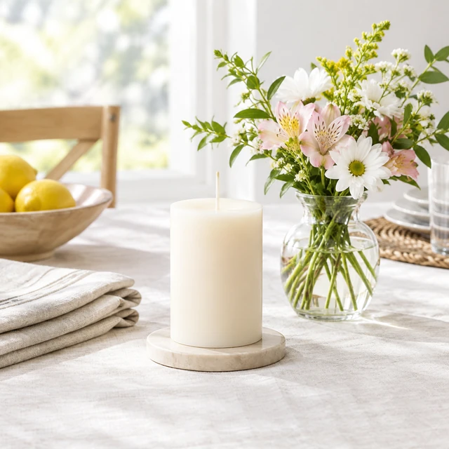 Plain pillar candle on a bright spring brunch table.