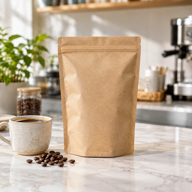 Blank coffee pouch standing on a cafe counter.