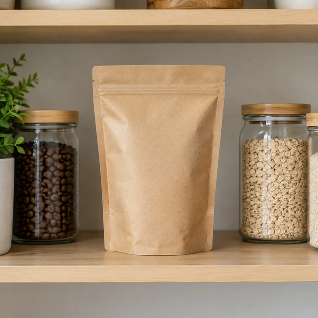 Blank coffee pouch displayed on a bright grocery shelf.