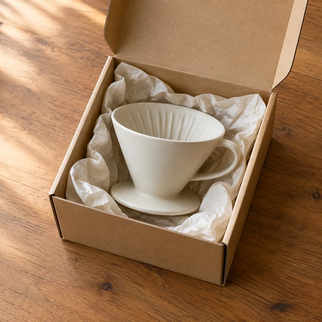 Matte cream ceramic pour-over dripper nestled in an open kraft box with ivory tissue.