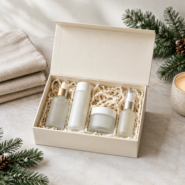 Unbranded skincare gift set on a softly styled winter dinner table.