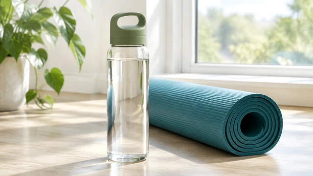 Plain clear bottle with a sage lid beside a rolled teal exercise mat near a window.
