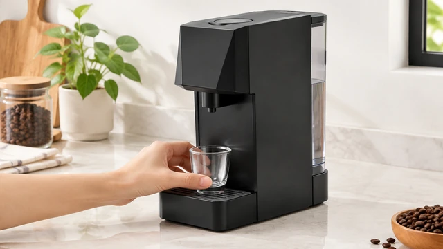 Hand places a small glass cup beneath a compact black espresso machine.