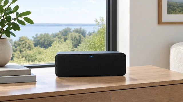 Plain rectangular black speaker on a console beside a large window.