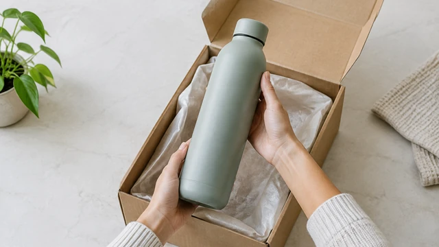 Hands lift a plain bottle from an open gift box with tissue.