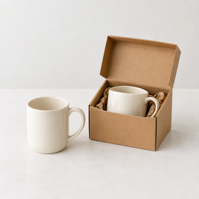 Plain ceramic mug beside a gift box holding a matching mug.