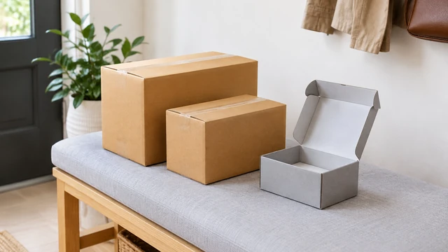 Plain shipping boxes and a small product box arranged by a bright entryway.