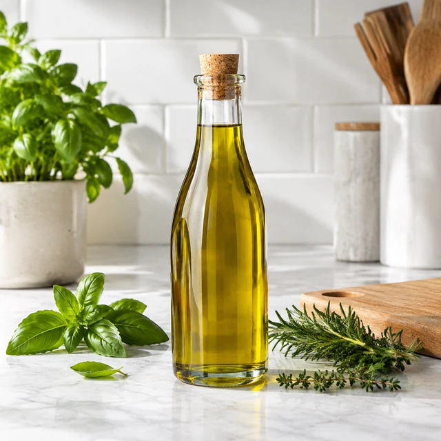 Clear olive oil bottle beside fresh herbs and a wooden cutting board on a kitchen counter.