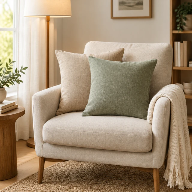 Two muted linen throw pillows on a reading chair beside a floor lamp.