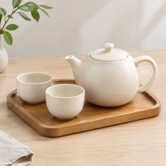 Cream ceramic teapot and two cups on a wooden tray.