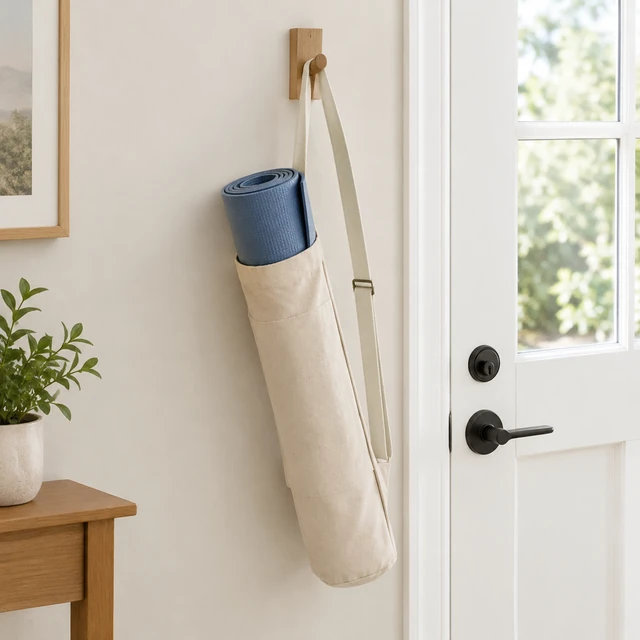 Rolled yoga mat in a plain canvas carrier hanging by a bright front door.