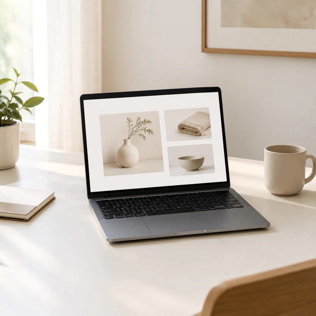Open laptop beside a plain ceramic mug on a bright desk, with an abstract product listing on screen.