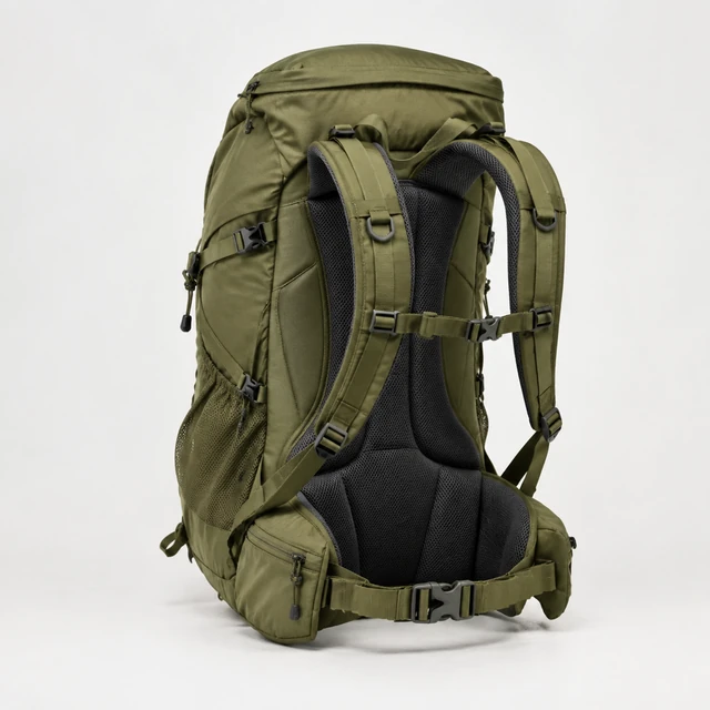 Olive hiking backpack turned to show its back panel and shoulder straps on white.