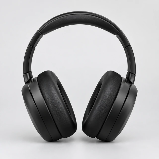 Plain black over-ear headphones shown front-on on a light gray studio sweep.