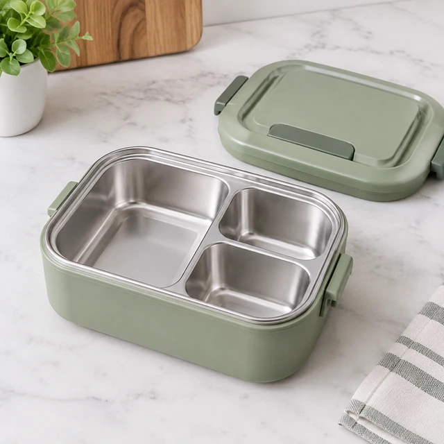 Open sage-green lunch container viewed from above with the lid set aside.