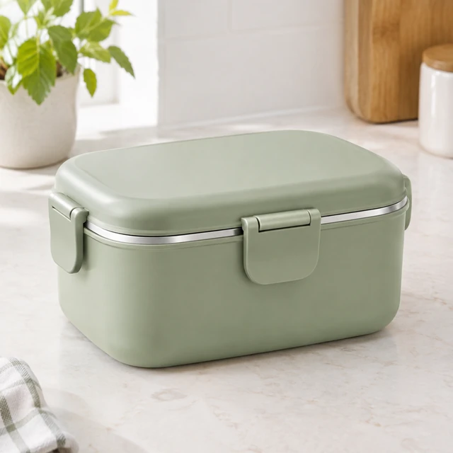 Closed sage-green insulated lunch container on a pale counter, viewed from the front.
