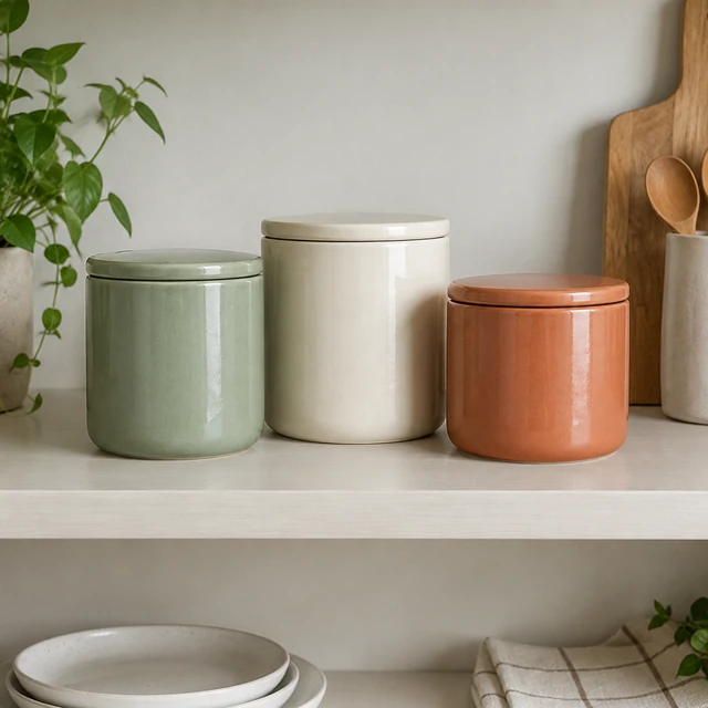 Three plain ceramic storage jars in sage, cream and terracotta on a kitchen shelf.