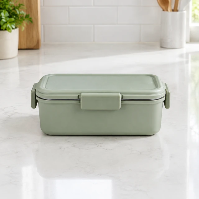 Sage-green insulated lunch container closed on a bright kitchen counter.