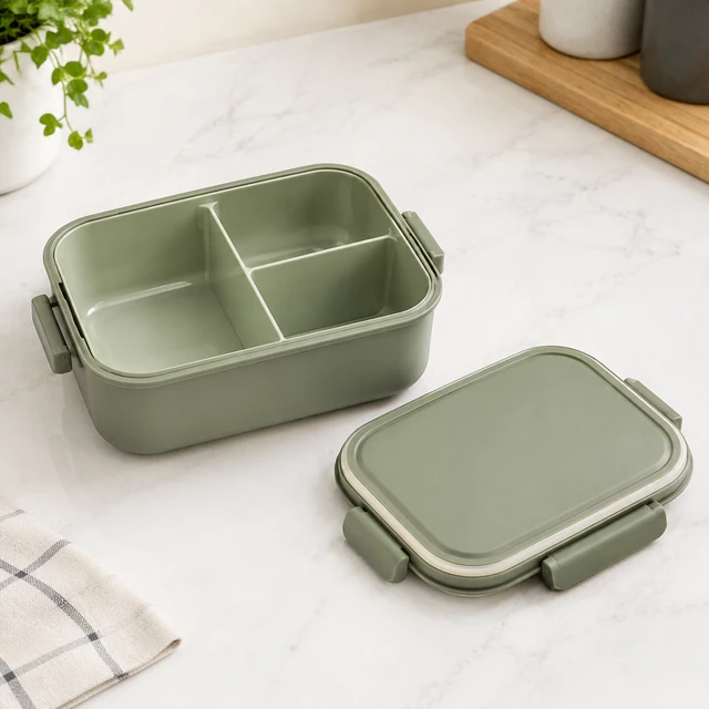 Open sage-green lunch container with divided compartments and the lid beside it.