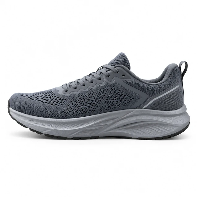 Gray technical running shoe in full side profile against a clean white background.