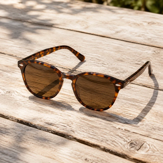 Tortoiseshell sunglasses on a sun-bleached wooden deck in warm daylight.