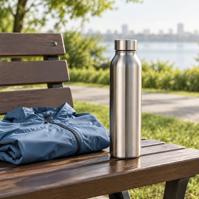 Plain brushed steel water bottle on a park bench beside a folded running jacket.