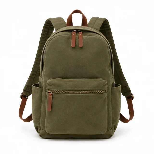 Olive canvas daypack shown closed from the front on pure white.
