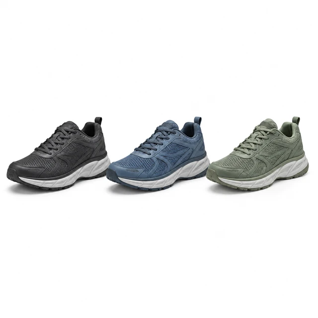 Three matching technical running shoes in charcoal, blue and muted green colorways on white.