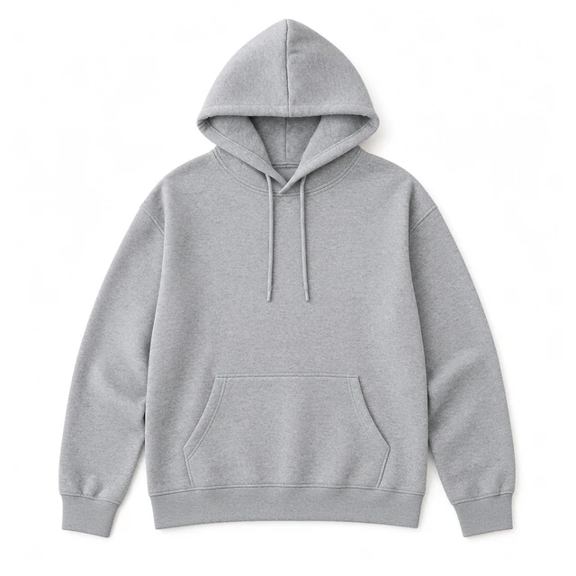 Plain gray cotton pullover hoodie laid flat on pure white with its seams visible.