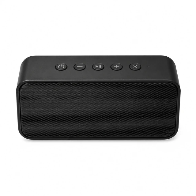 Top view of a compact rectangular speaker with simple physical controls on white.