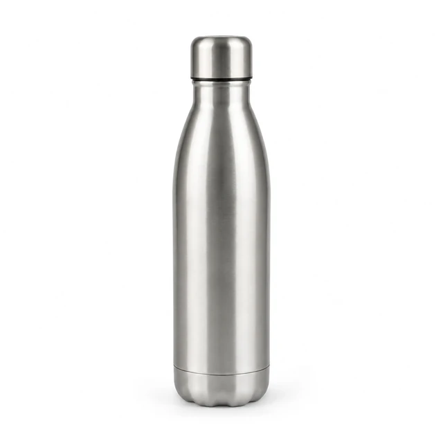 Brushed stainless steel water bottle with a plain screw cap on pure white.