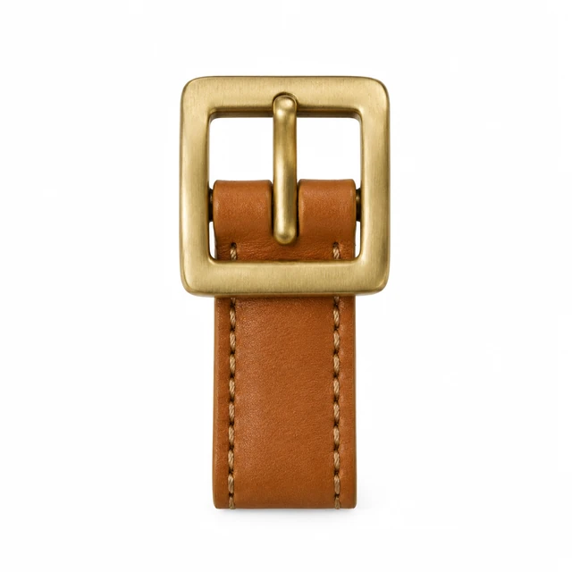 Brushed brass rectangular buckle on a tan leather bag strap, fully visible on white.