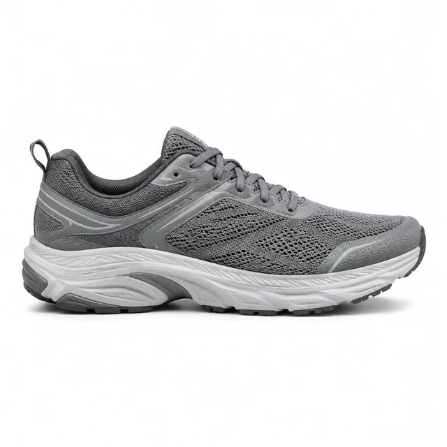 Gray technical mesh running shoe in full side profile on white.