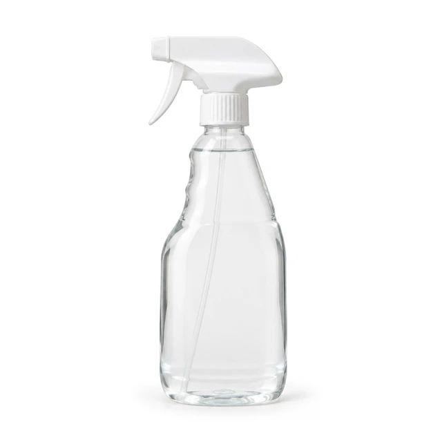 Clear glass spray bottle with a white trigger on a seamless white background.