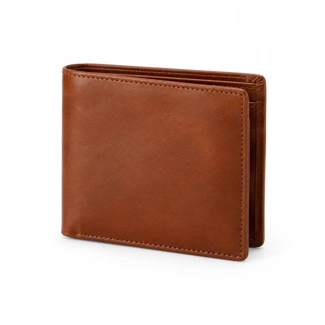 Cognac leather bifold wallet photographed closed on a seamless white background.