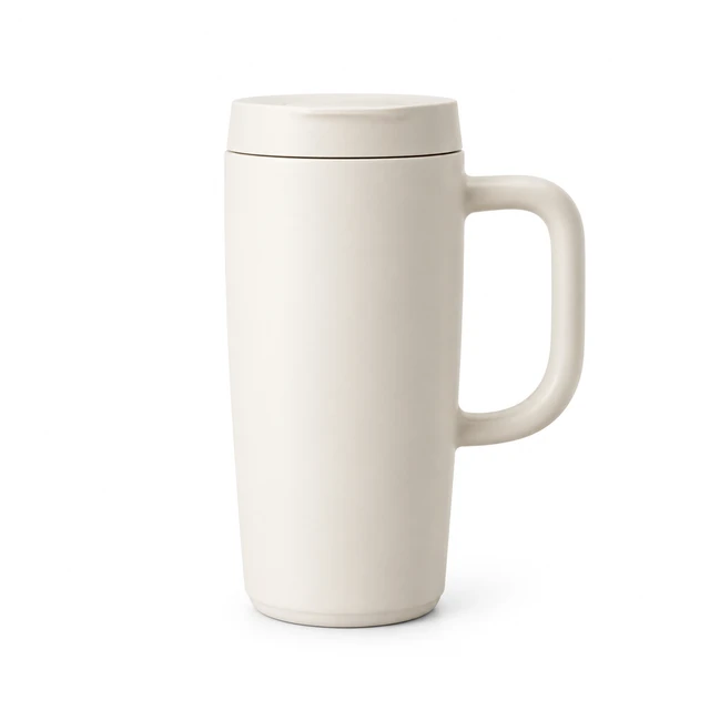 Matte cream ceramic travel mug with a plain fitted lid on pure white.