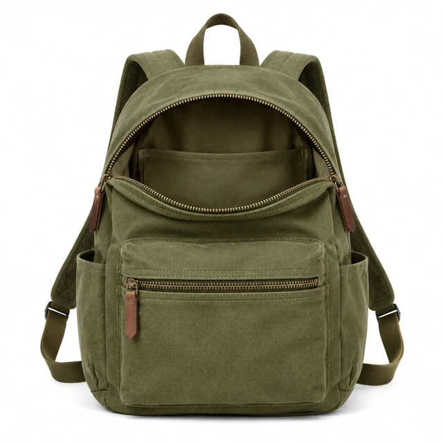 Olive daypack opened to show its inner pocket, fully in frame on white.