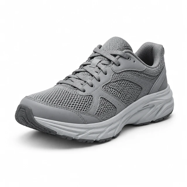 Gray technical running shoe in a clear front three-quarter view on white.